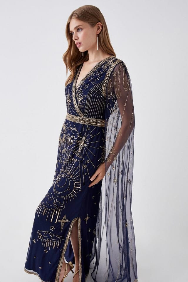 Coast Coast Women's Celestial Hand Embellished Cape Back Maxi Dress in Navy - 2