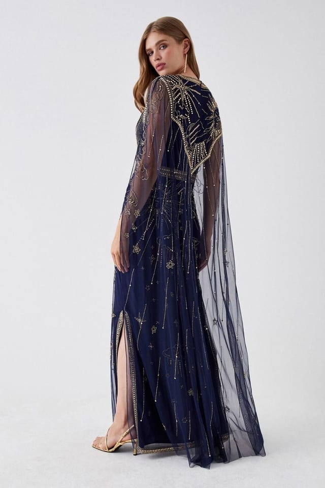 Coast Coast Women's Celestial Hand Embellished Cape Back Maxi Dress in Navy - 3