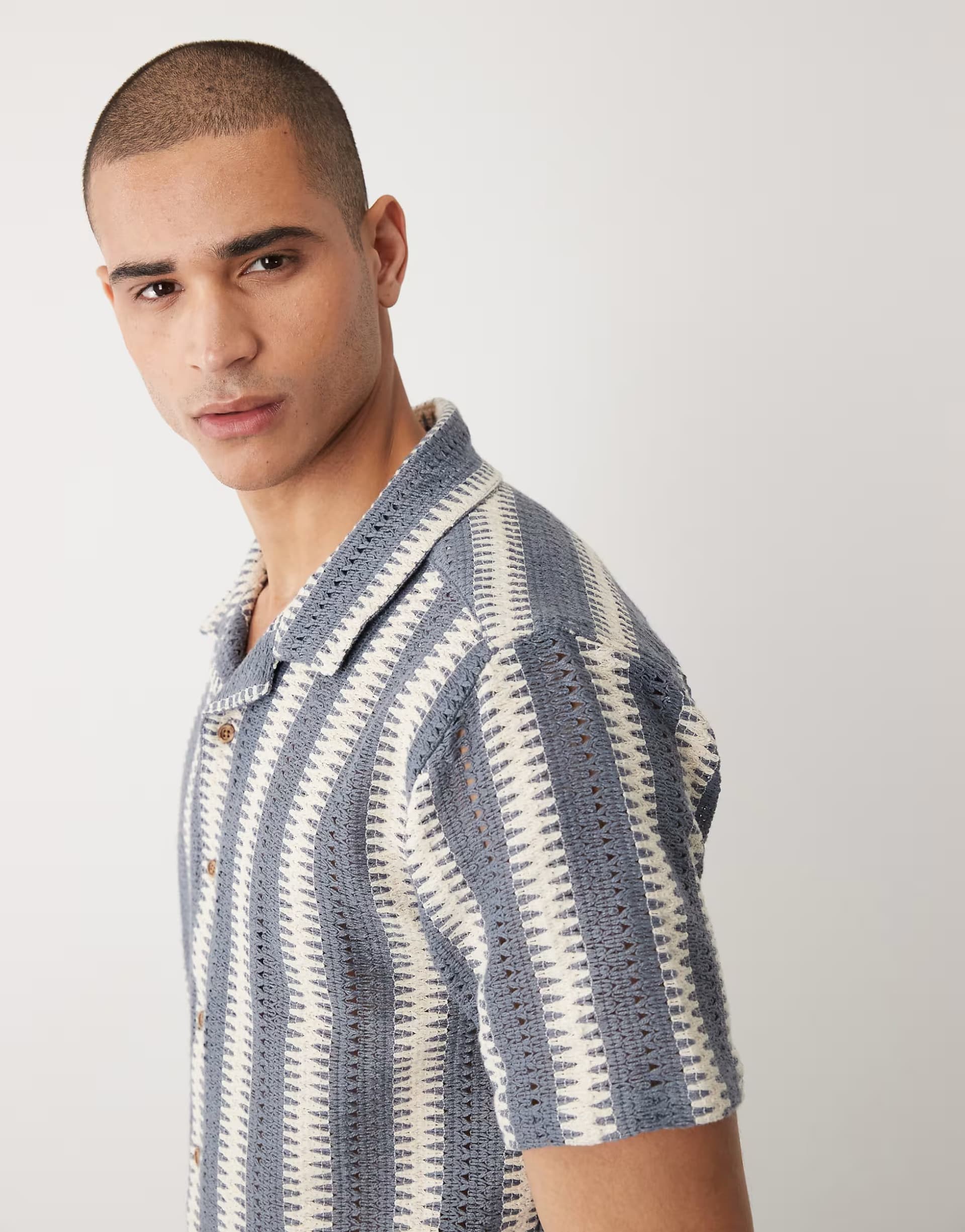 ASOS Threadbare cotton mix textured short sleeve shirt in blue and ecru stripe