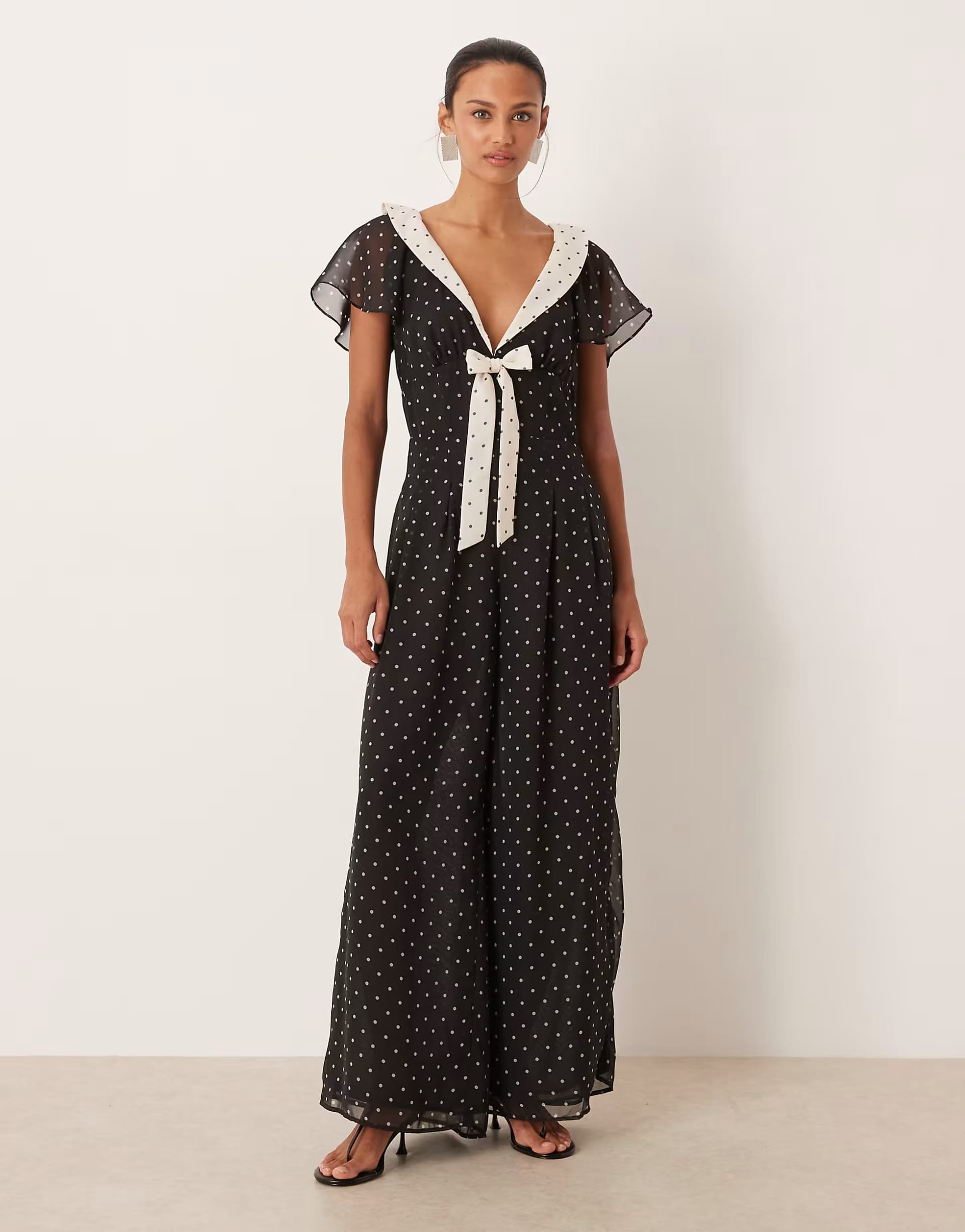 ASOS Black Polka Dot Chiffon V-Neck Jumpsuit