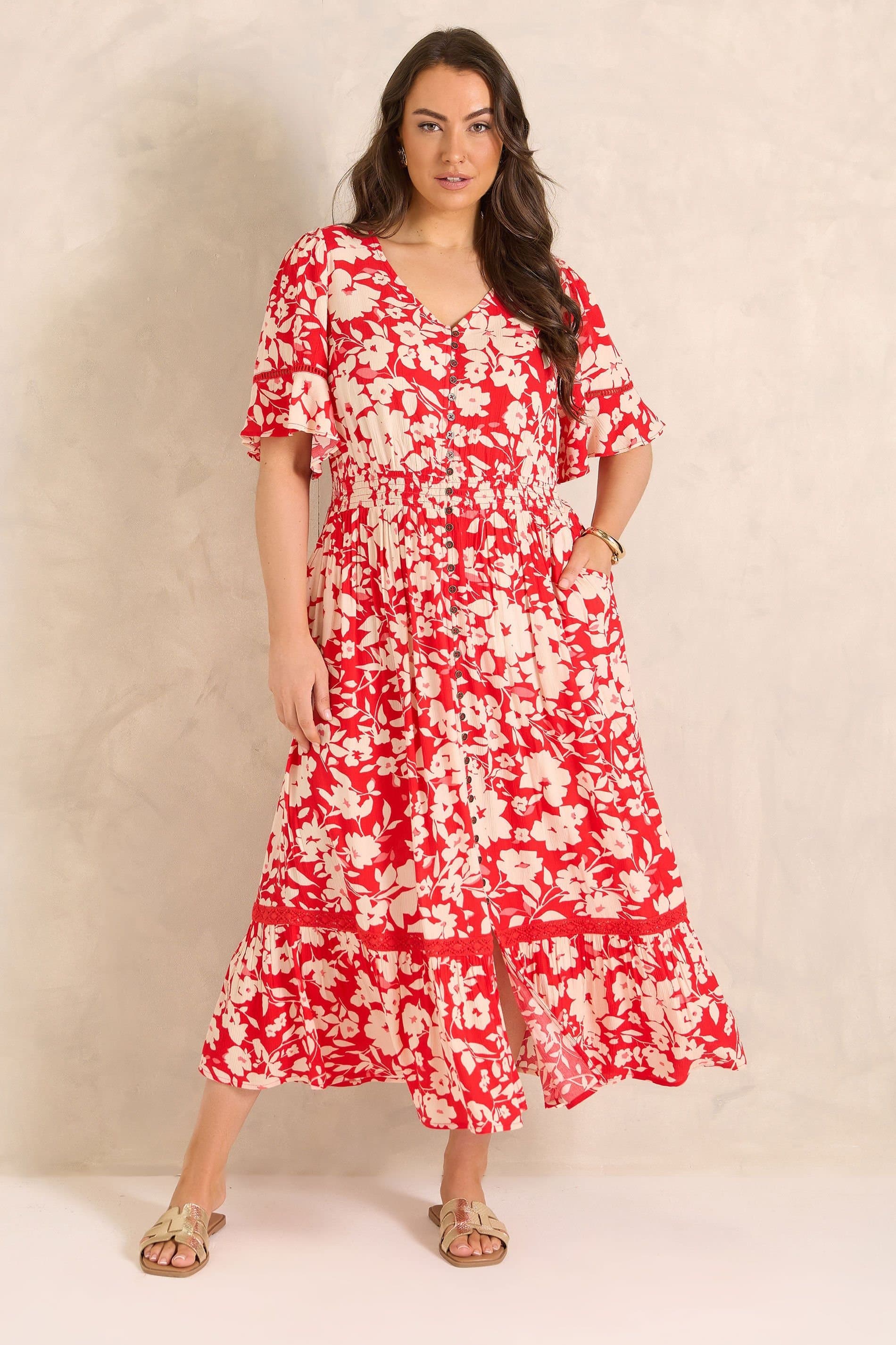 Evans Evans Women's Floral Button Front Maxi Dress in Red