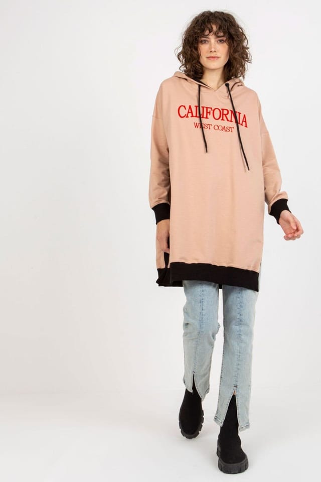 Love Lace Love Lace Women's Long Casual Hooded Sweatshirt with Side Slits in Beige - 2