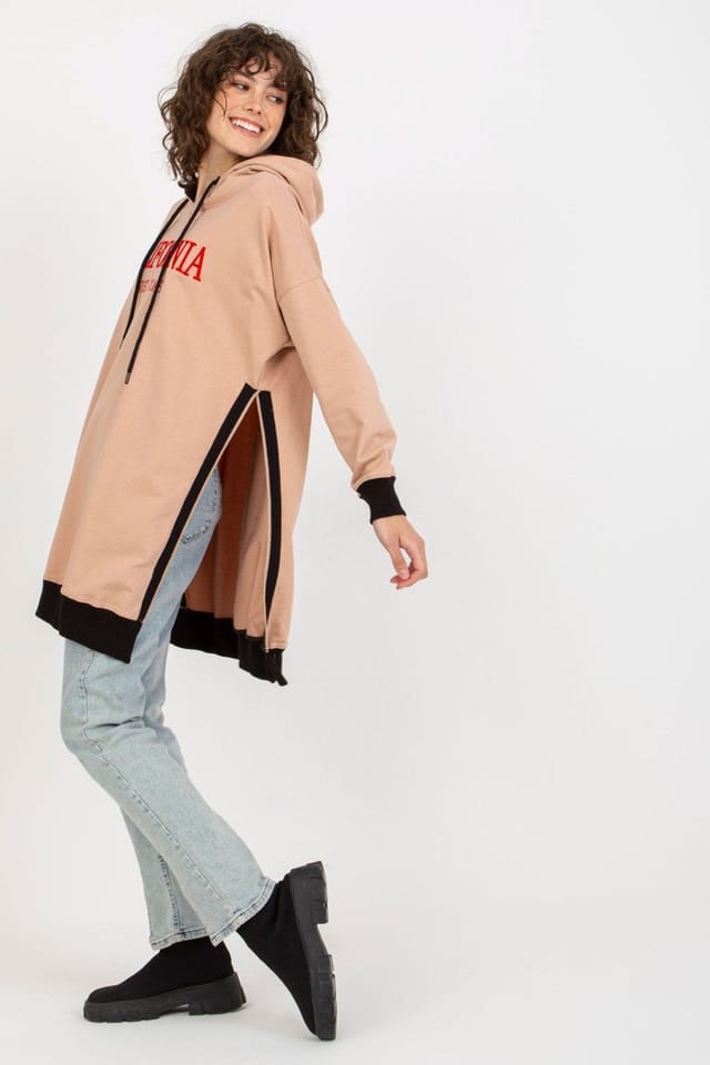 Love Lace Love Lace Women's Long Casual Hooded Sweatshirt with Side Slits in Beige - 3
