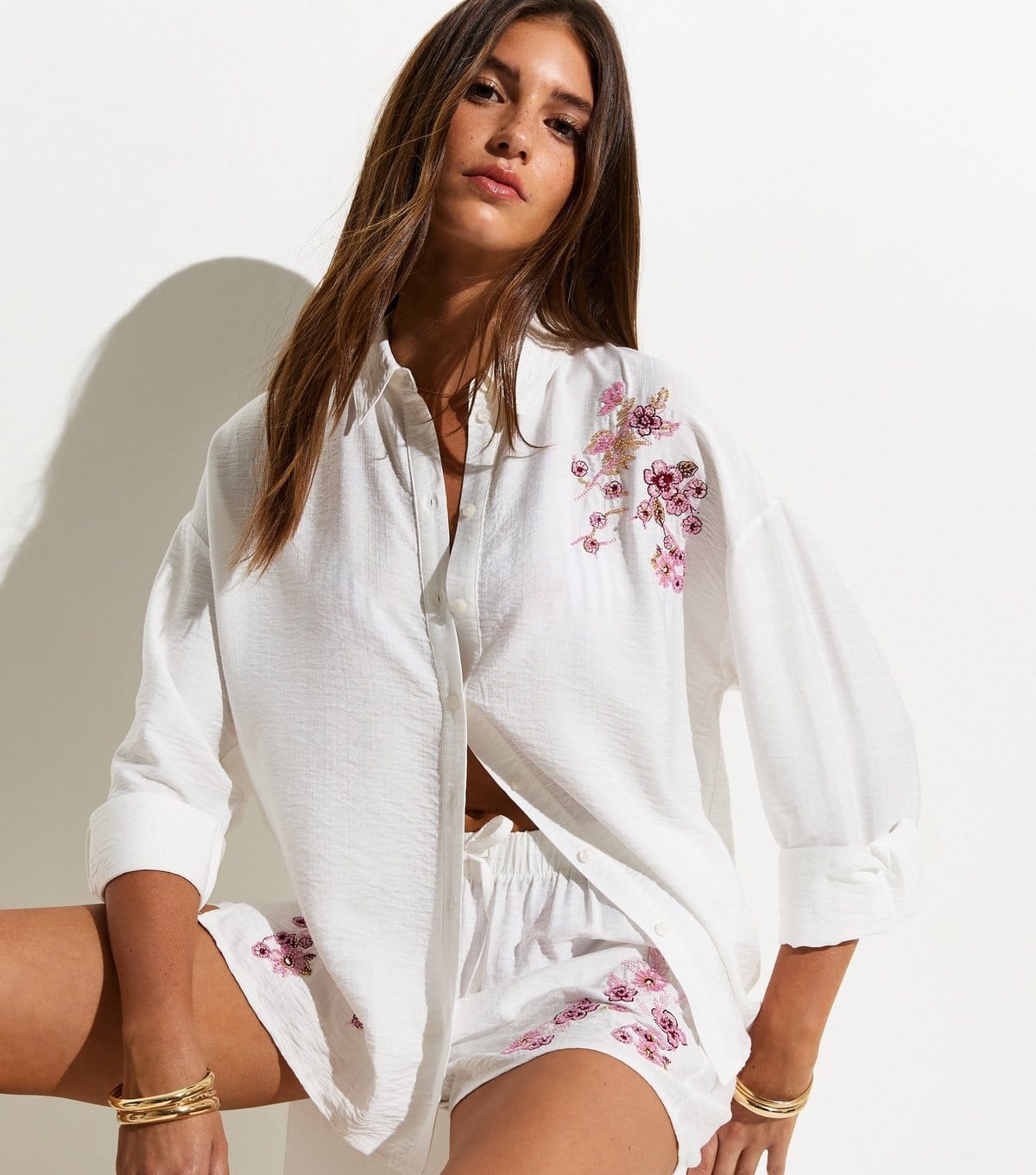 New Look White Crinkle Texture Floral Embroidered Beach Shirt