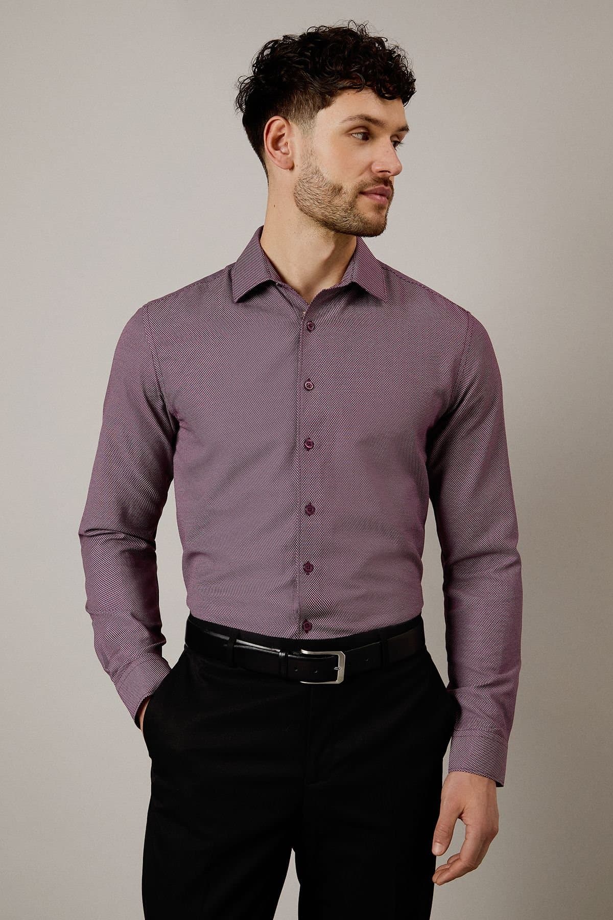 Burton Burton Men's Burgundy Textured Slim Fit Shirt