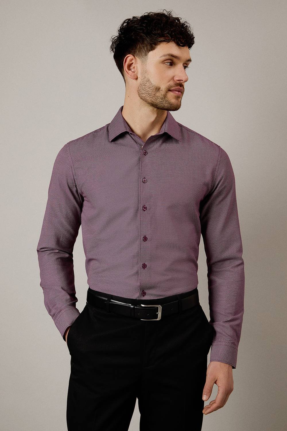 Burton Burton Men's Burgundy Textured Slim Fit Shirt - 2