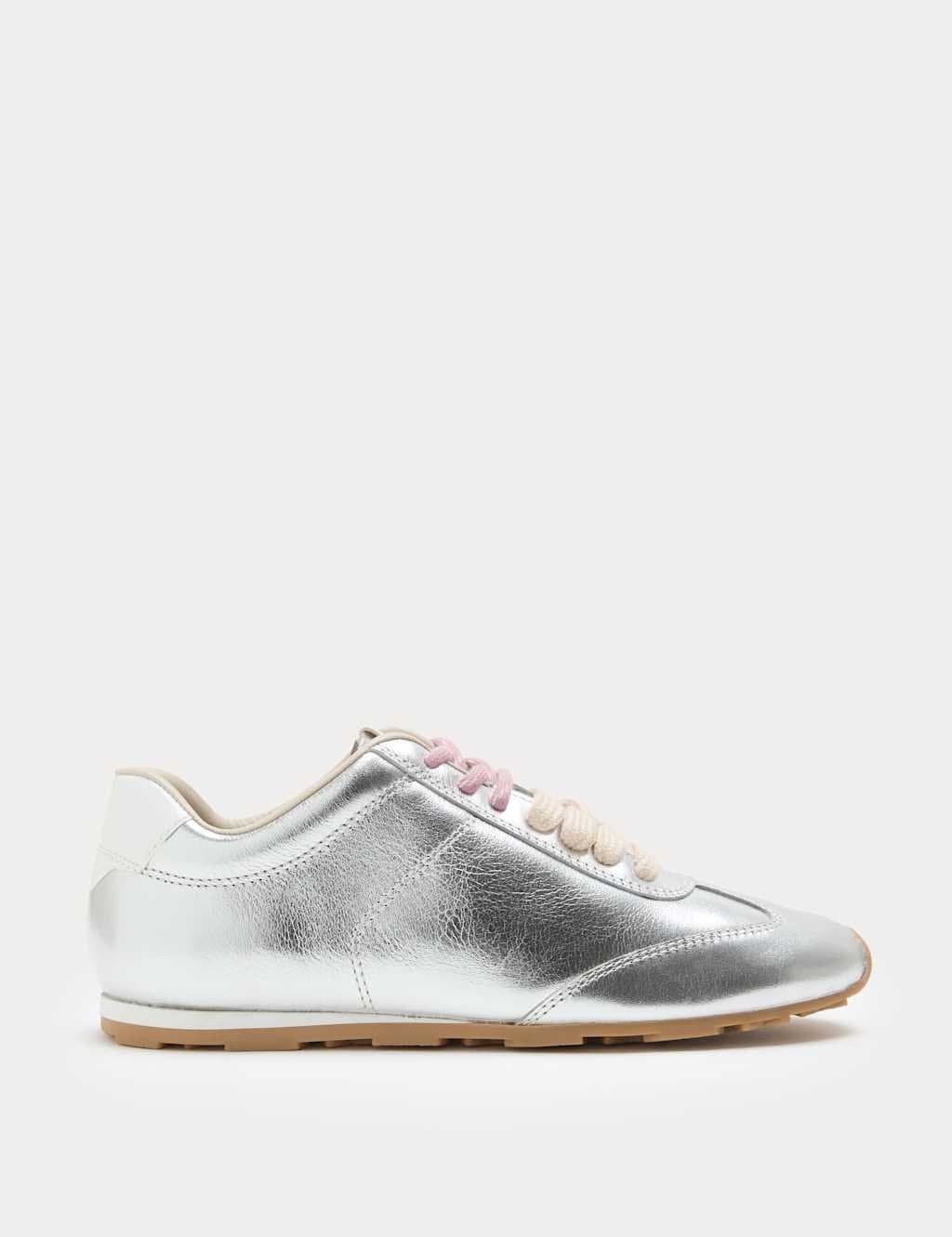Marks & Spencer M&S Leather Metallic Double Lace Trainers Silver