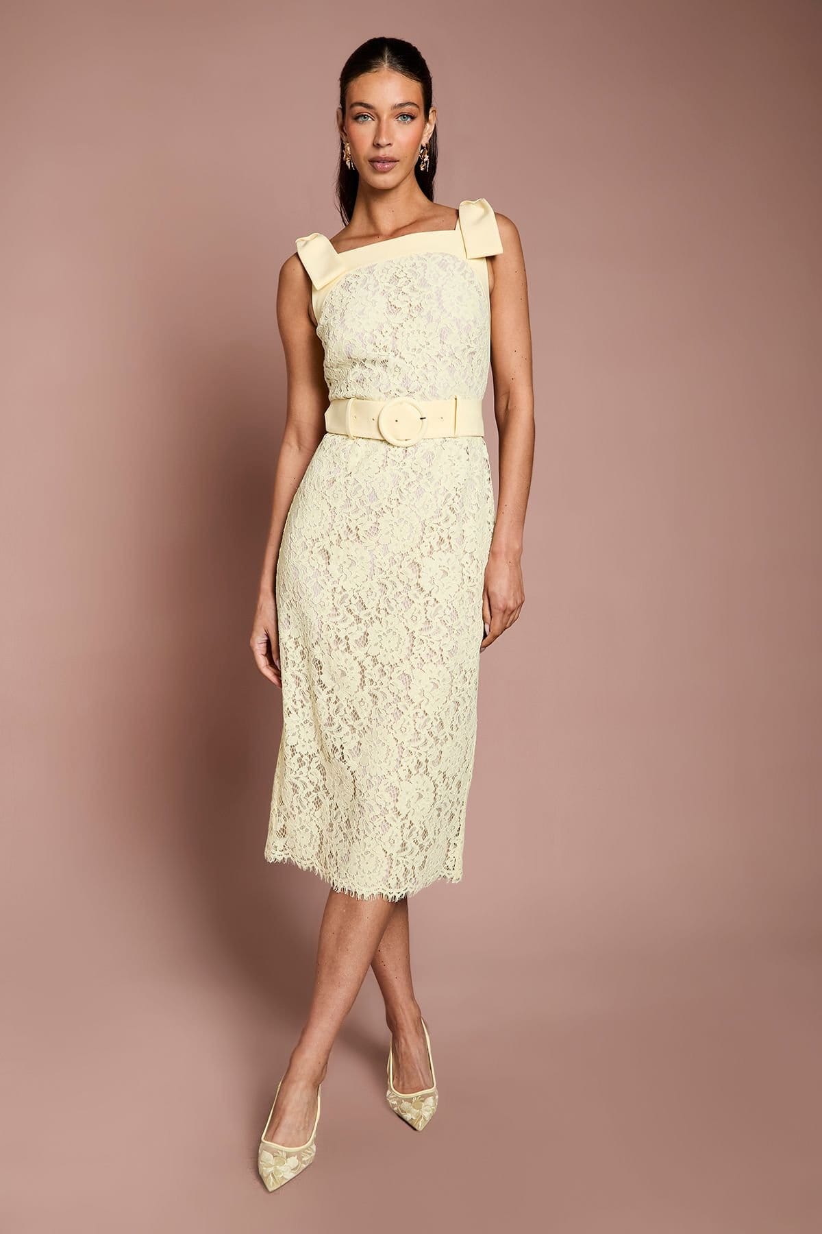 Coast Coast Women's Bow Shoulder Belted Lace Dress in Lemon - 1