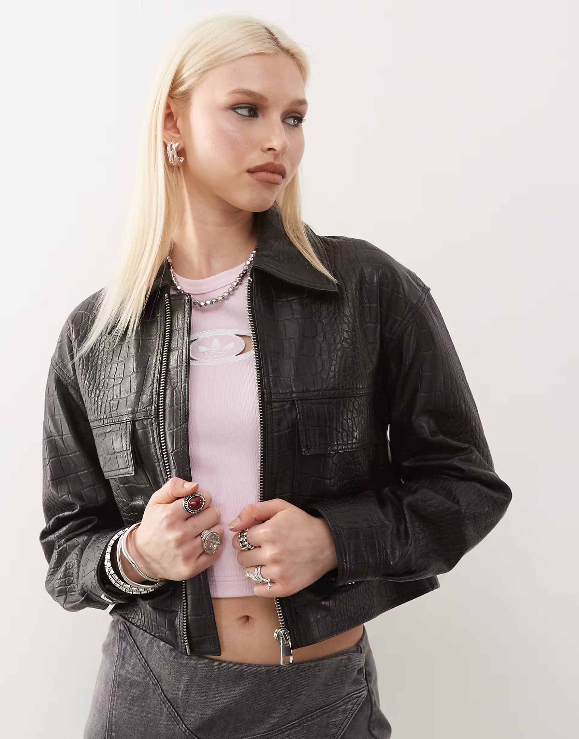 ASOS Barneys originals real leather croc print jacket in black