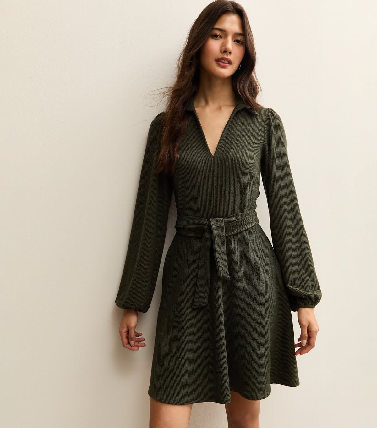 New Look Women's Dark Khaki Crinkled Long Sleeve Mini Dress New Look