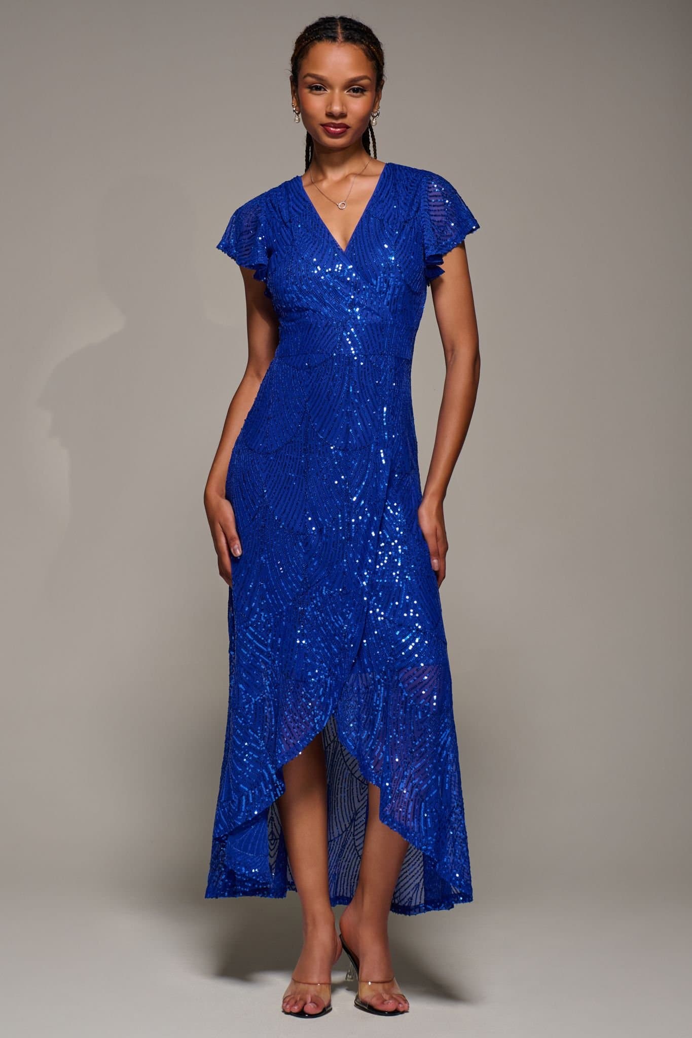 Jolie Moi Jolie Moi Women's Frill Short Sleeve Sequin Maxi Dress in Blue
