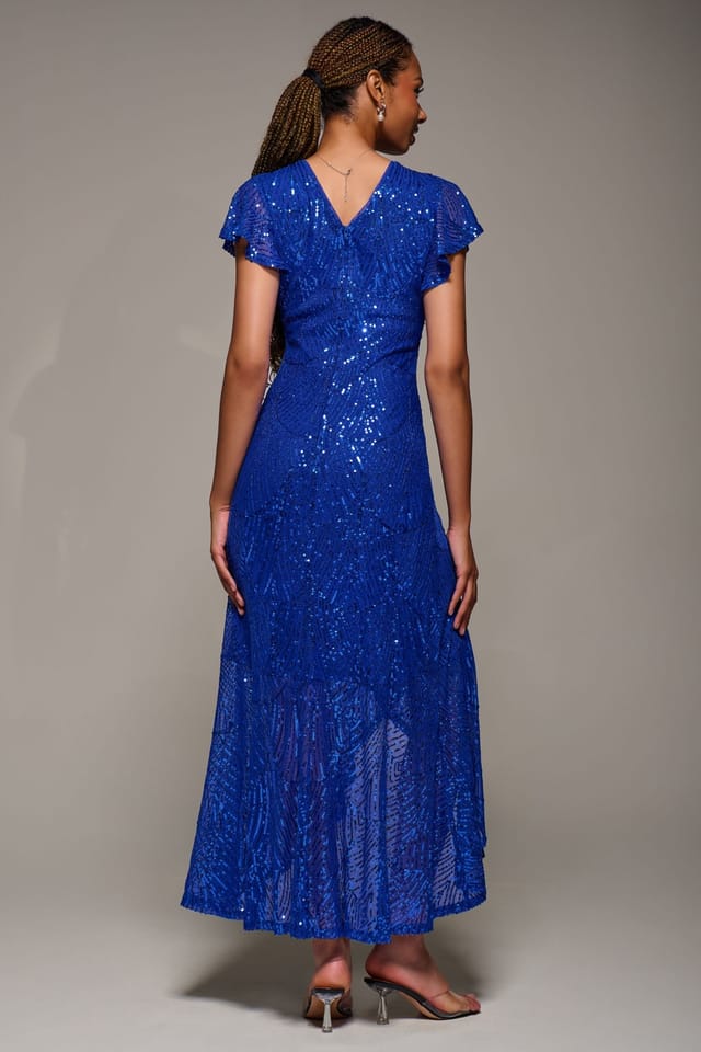 Jolie Moi Jolie Moi Women's Frill Short Sleeve Sequin Maxi Dress in Blue - 2