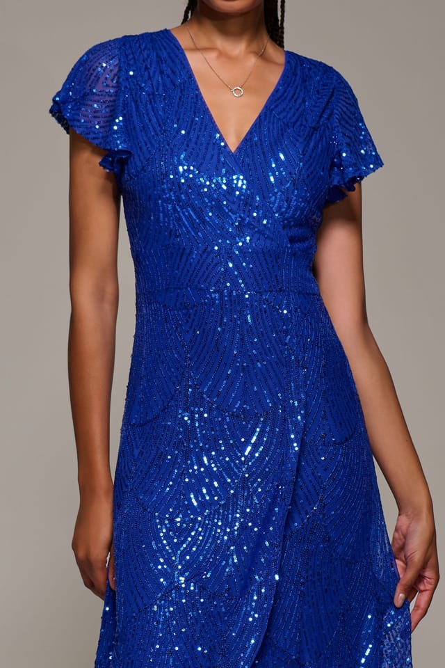 Jolie Moi Jolie Moi Women's Frill Short Sleeve Sequin Maxi Dress in Blue - 3