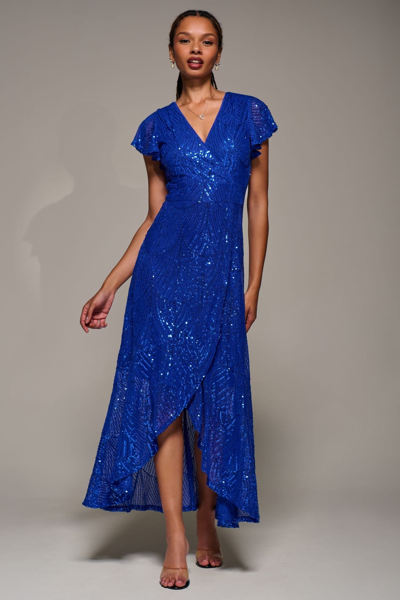 Jolie Moi Jolie Moi Women's Frill Short Sleeve Sequin Maxi Dress in Blue - 4