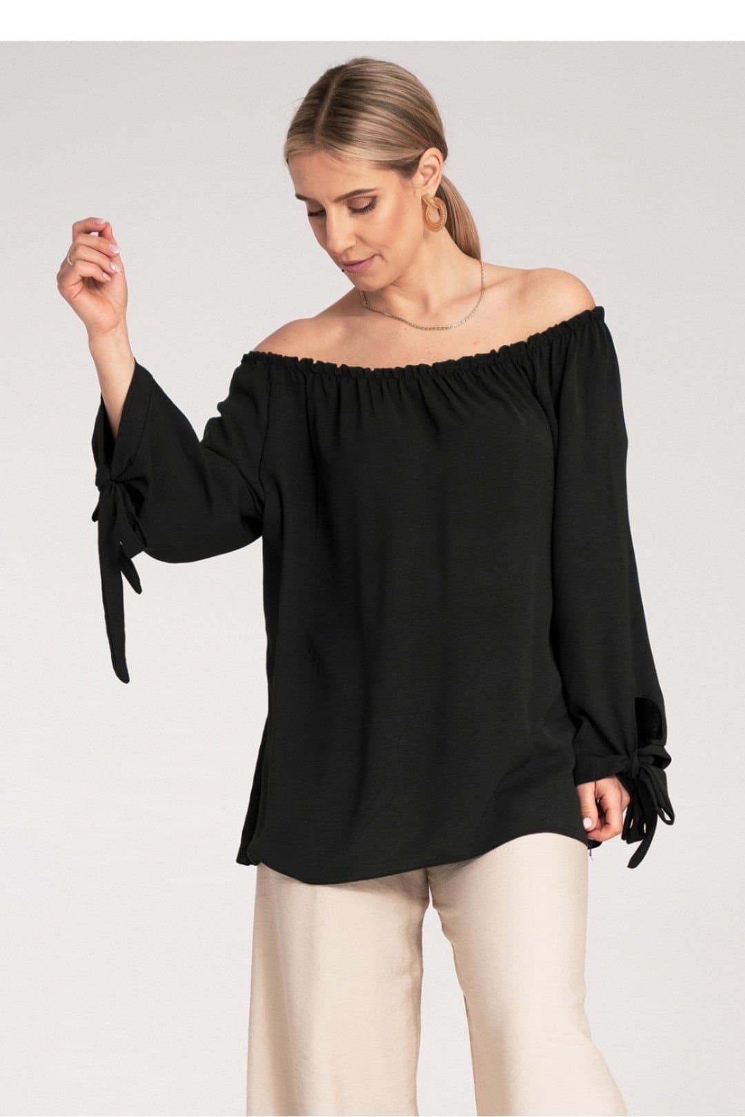 Love Lace Love Lace Women's Spanish Ruched Off-Shoulder Tie Sleeve Blouse in Black