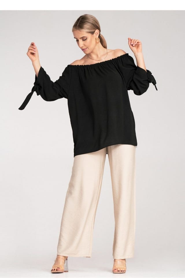 Love Lace Love Lace Women's Spanish Ruched Off-Shoulder Tie Sleeve Blouse in Black - 2