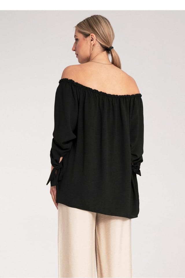 Love Lace Love Lace Women's Spanish Ruched Off-Shoulder Tie Sleeve Blouse in Black - 3