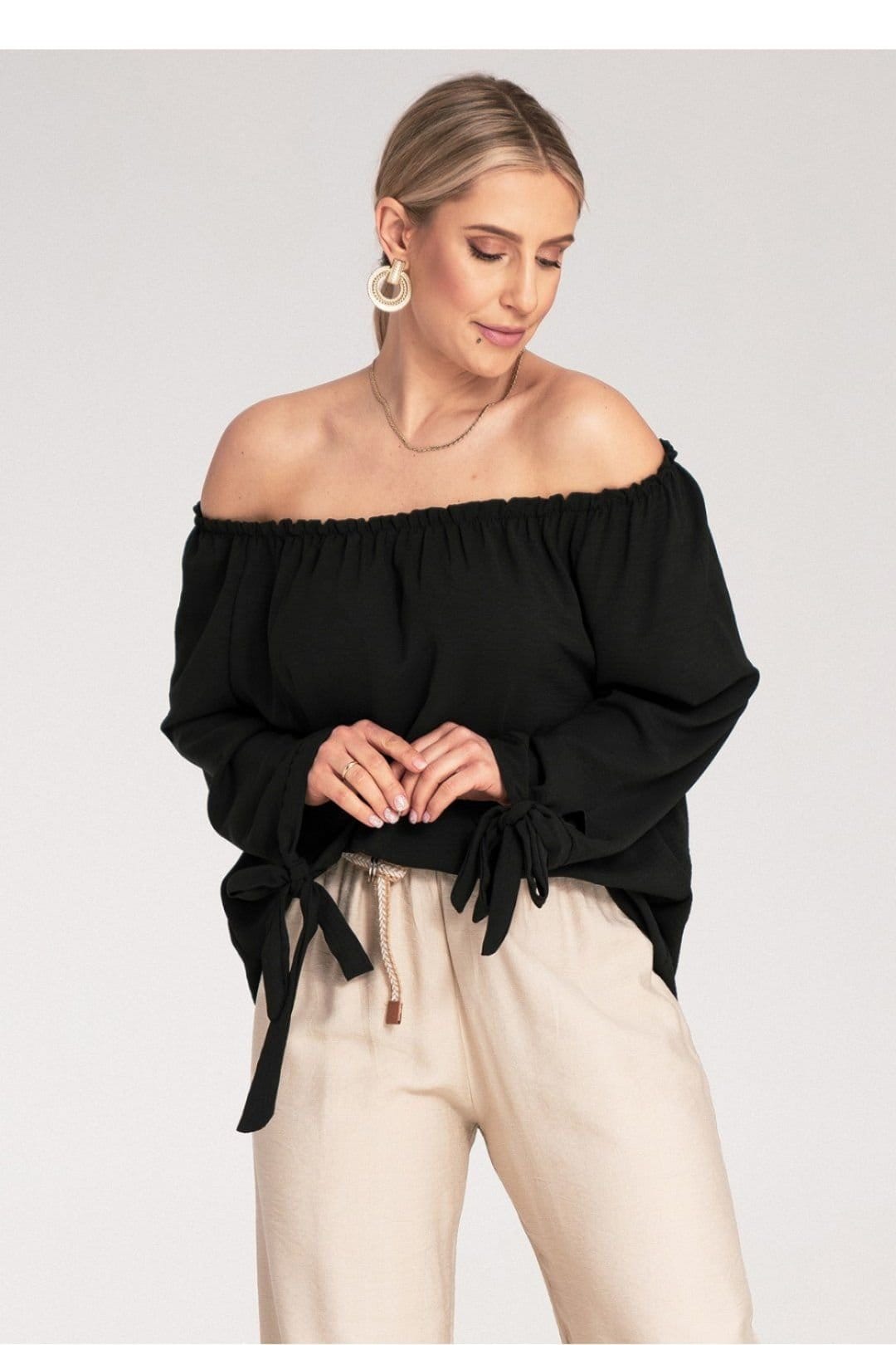 Love Lace Love Lace Women's Spanish Ruched Off-Shoulder Tie Sleeve Blouse in Black - 4