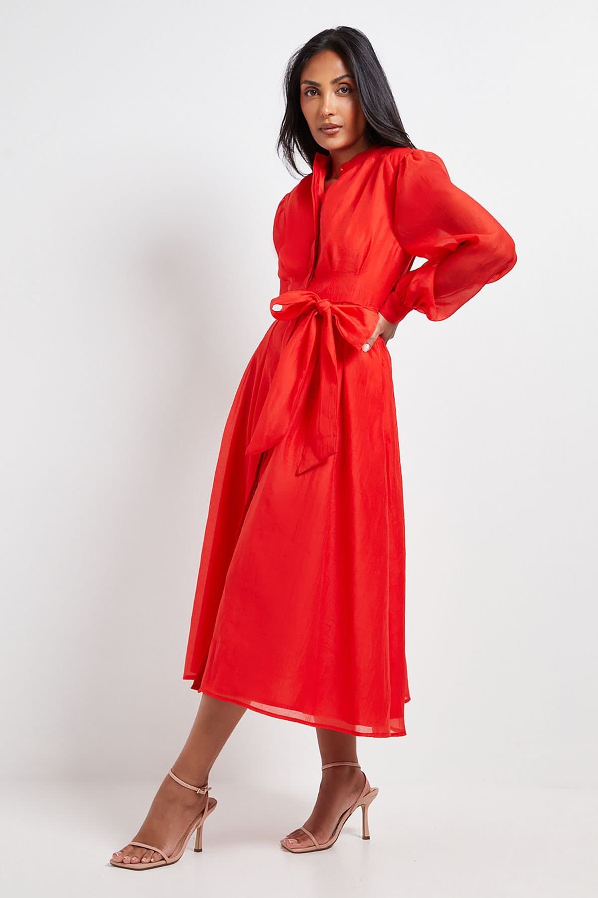 Wallis Wallis Women's Petite Textured Organza Midi Shirt Dress in Red