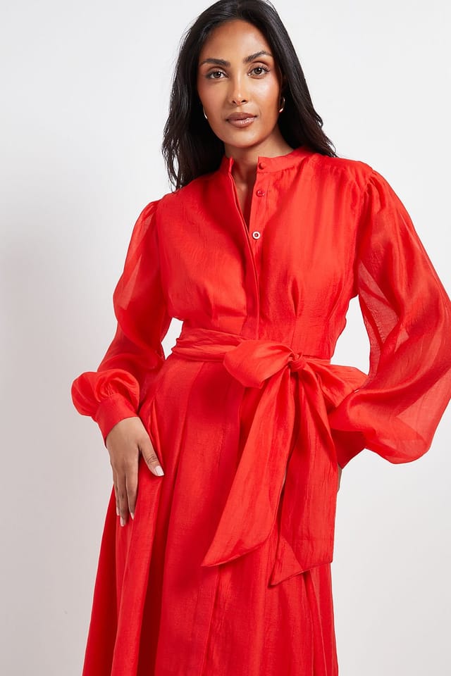 Wallis Wallis Women's Petite Textured Organza Midi Shirt Dress in Red - 2