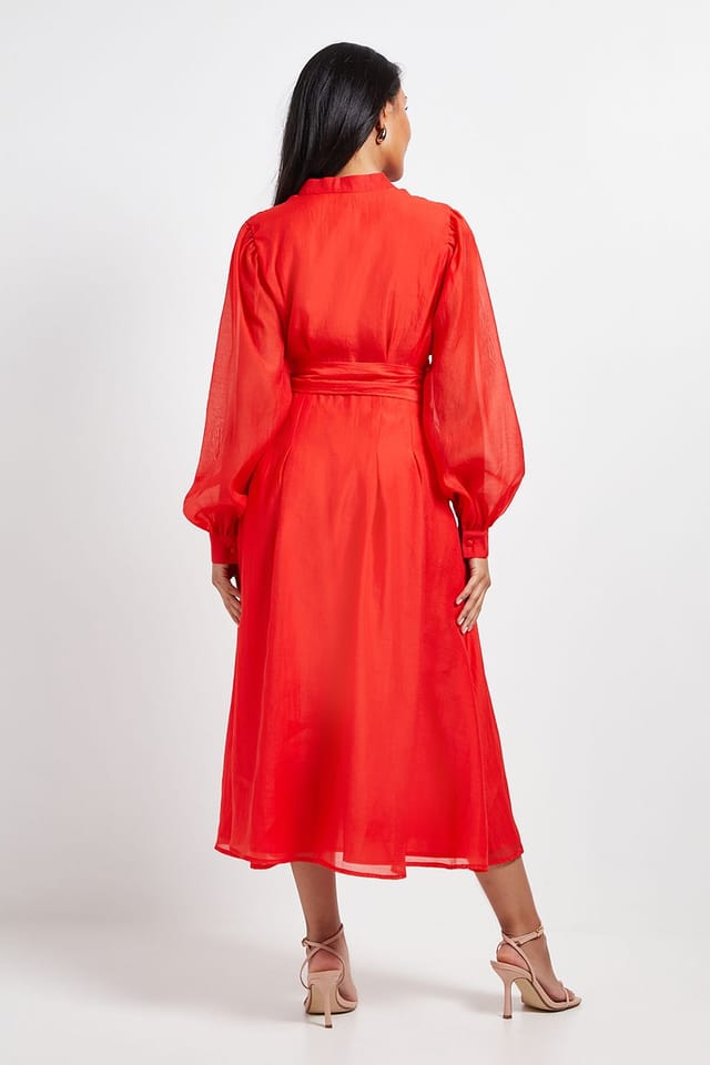 Wallis Wallis Women's Petite Textured Organza Midi Shirt Dress in Red - 3