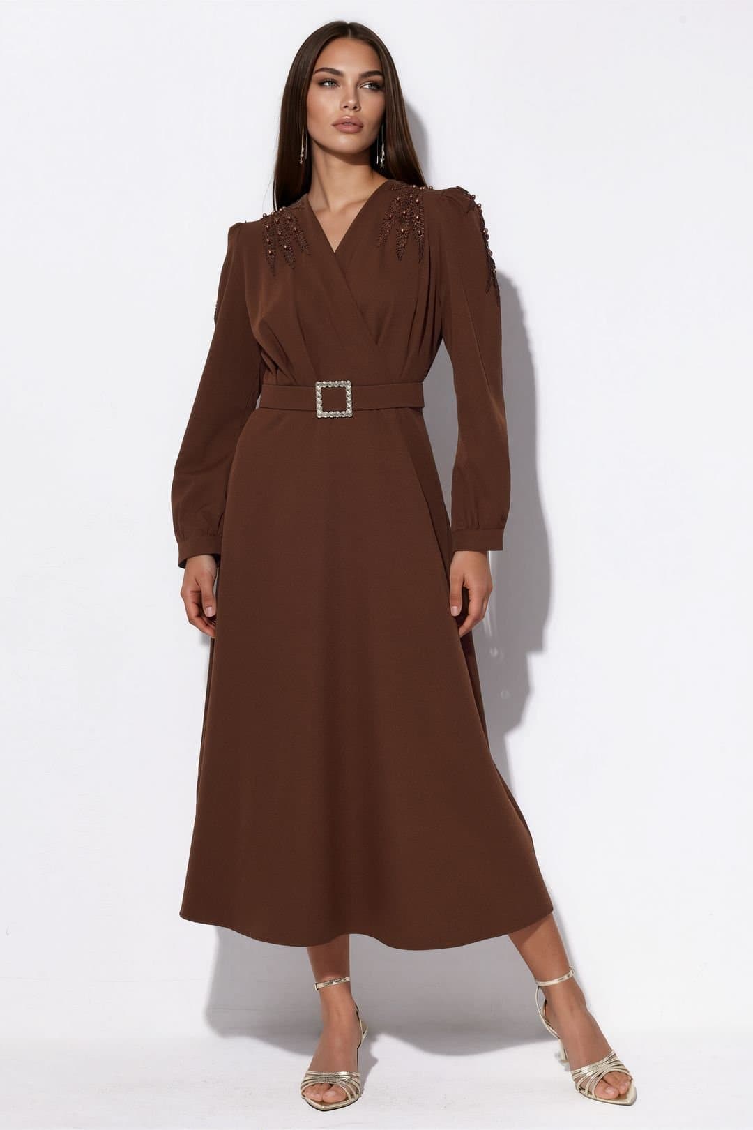 MSN Collection MSN Collection Women's Belted A-line Midi Dress in Brown