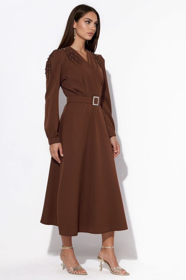 MSN Collection MSN Collection Women's Belted A-line Midi Dress in Brown - 2