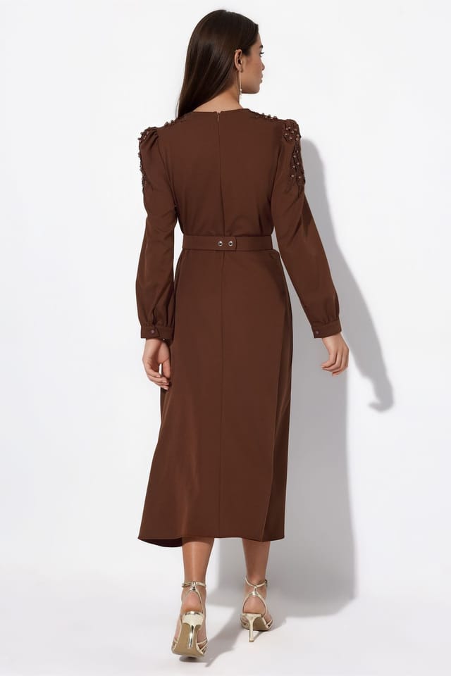 MSN Collection MSN Collection Women's Belted A-line Midi Dress in Brown - 3