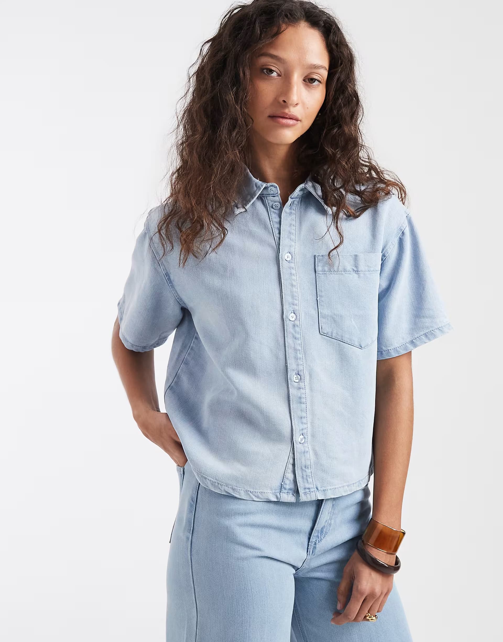 ASOS Pieces short sleeve denim shirt co-ord in light blue wash