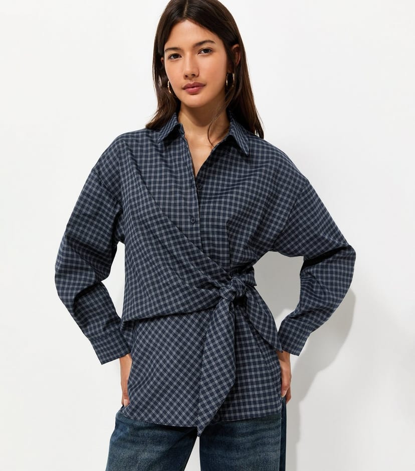 New Look Women's Blue Check Side Tie Long Sleeve Shirt New Look - 1