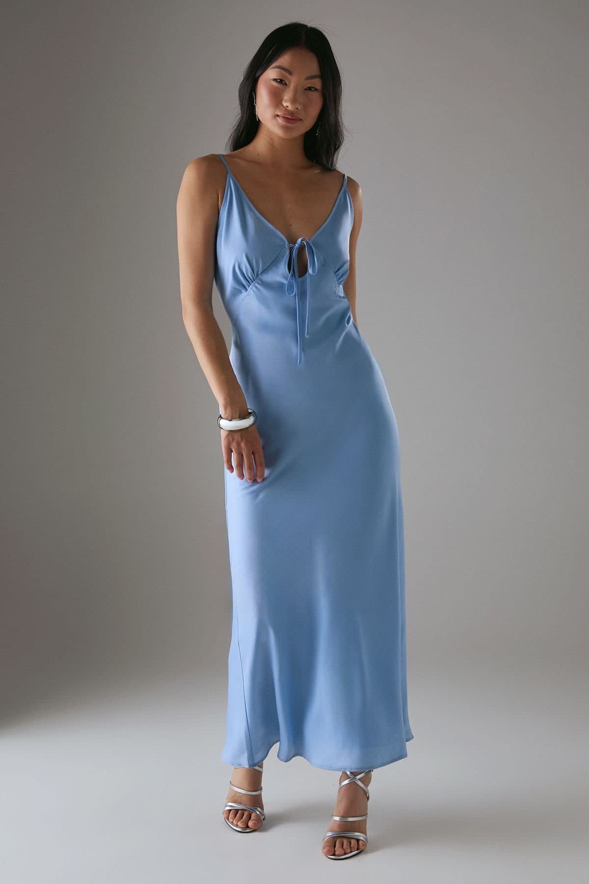 Warehouse Warehouse Women's Petite Satin Strappy Tie Front Maxi Slip Dress in Baby Blue