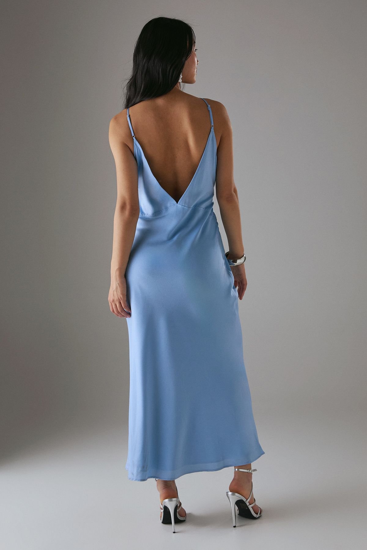 Warehouse Warehouse Women's Petite Satin Strappy Tie Front Maxi Slip Dress in Baby Blue - 3