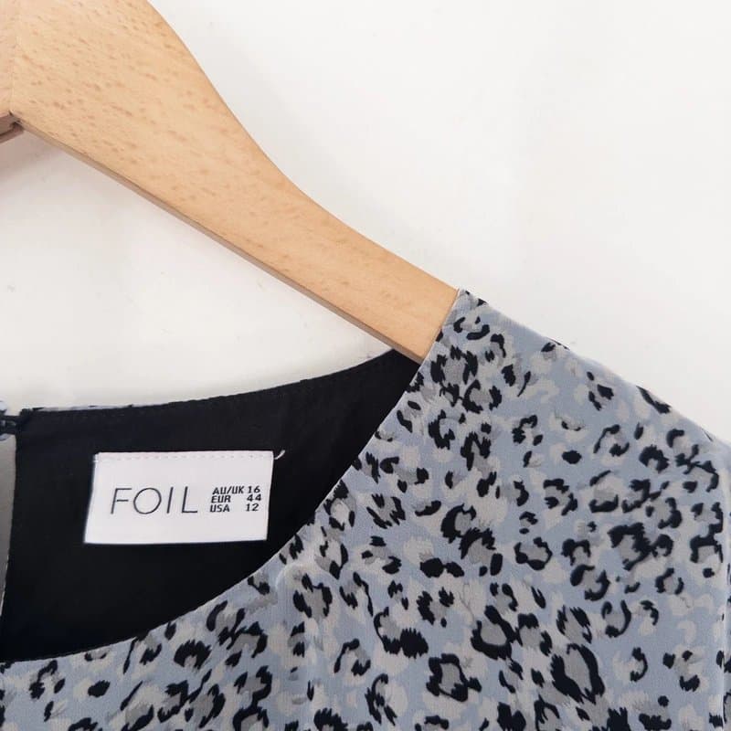 foil Foil Animal Print Tiered Maxi Smock Dress Size 16 Light Blue Black Ditsy