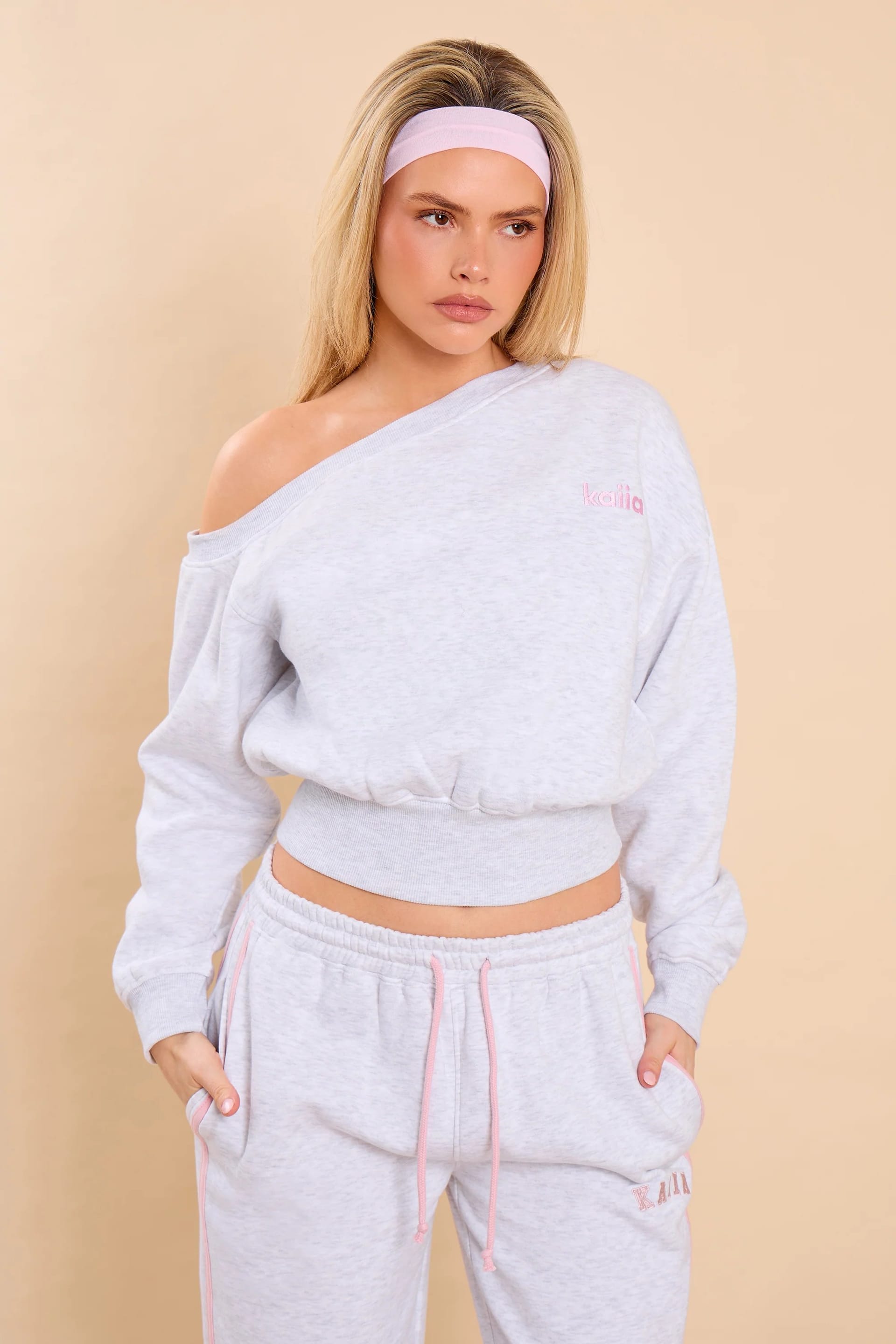 Kaiia Light Grey Marl Off-Shoulder Sweatshirt