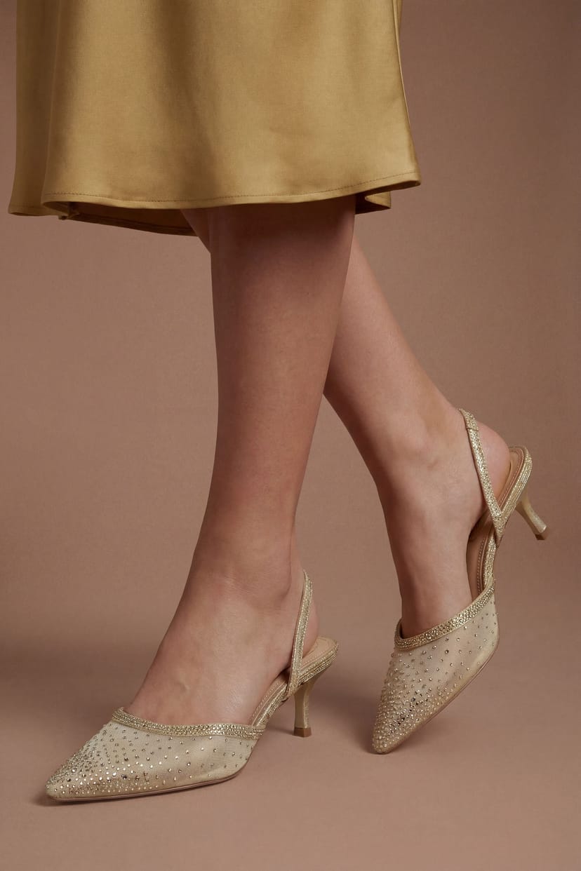 Coast Coast Women's Trinity Embellished Slingback Kitten Heel Court Shoes in Gold - 1