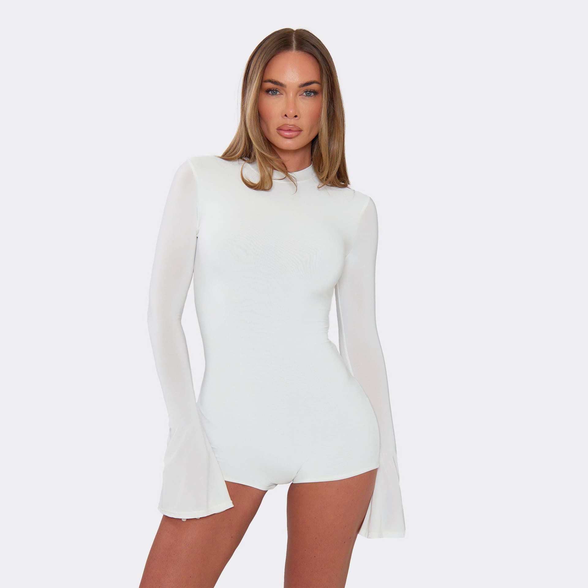EGO Long Flute Sleeve Playsuit In White Slinky, Women's Size UK 6