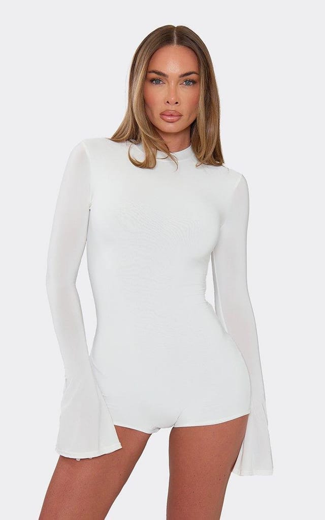 EGO Long Flute Sleeve Playsuit In White Slinky, Women's Size UK 6 - 2