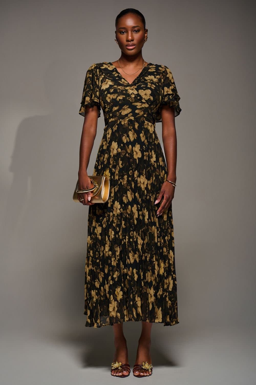 Jolie Moi Jolie Moi Women's Chiffon Ruffle Sleeve Pleated Maxi Dress in Dark Brown