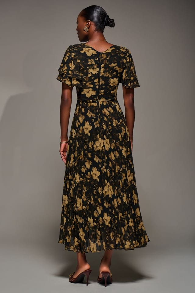 Jolie Moi Jolie Moi Women's Chiffon Ruffle Sleeve Pleated Maxi Dress in Dark Brown - 2