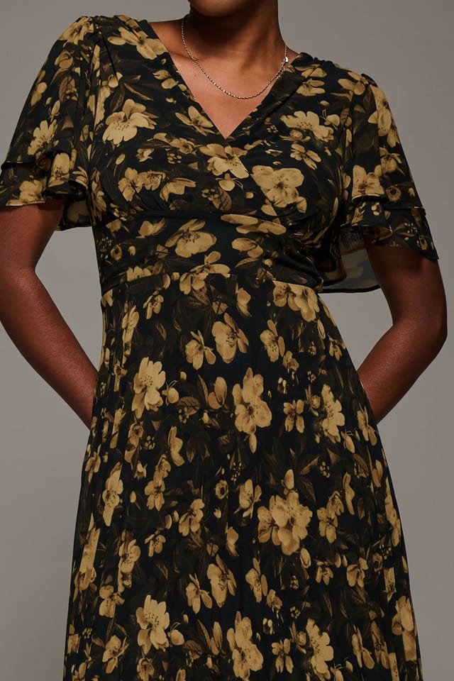 Jolie Moi Jolie Moi Women's Chiffon Ruffle Sleeve Pleated Maxi Dress in Dark Brown - 3