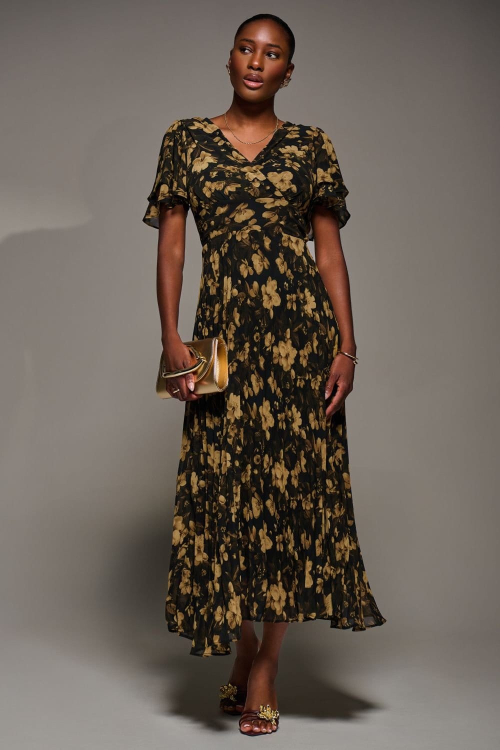 Jolie Moi Jolie Moi Women's Chiffon Ruffle Sleeve Pleated Maxi Dress in Dark Brown - 4