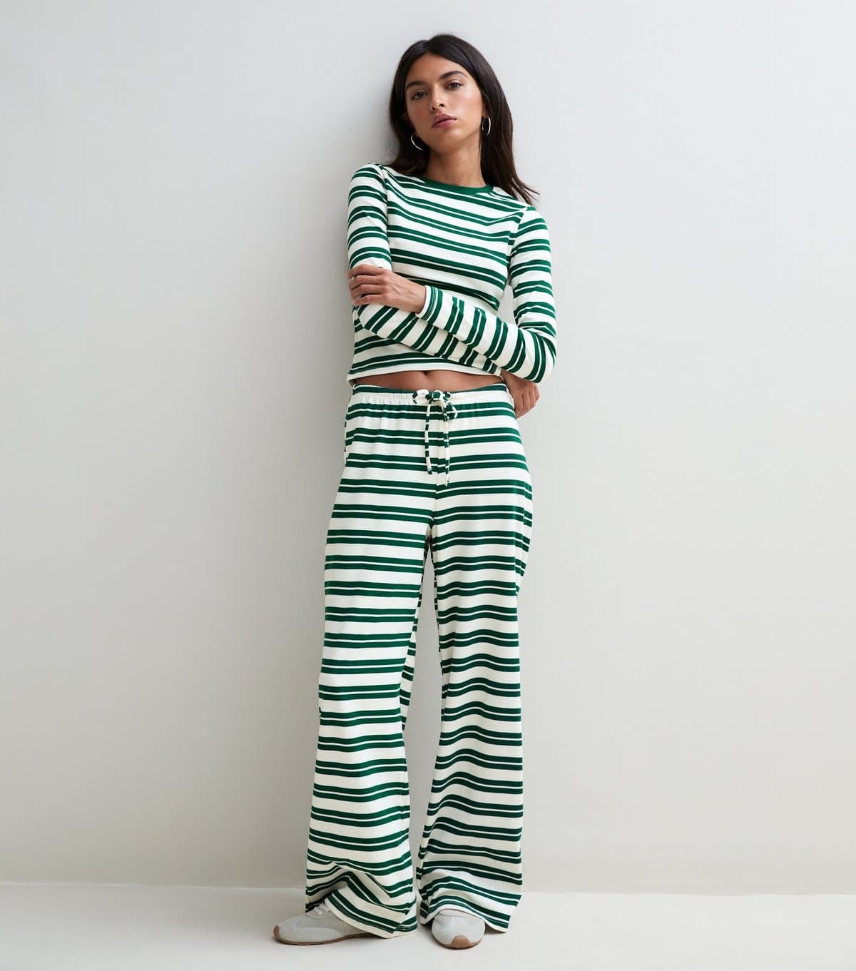 New Look Women's Green Cotton Rich Striped Wide Leg Trousers New Look