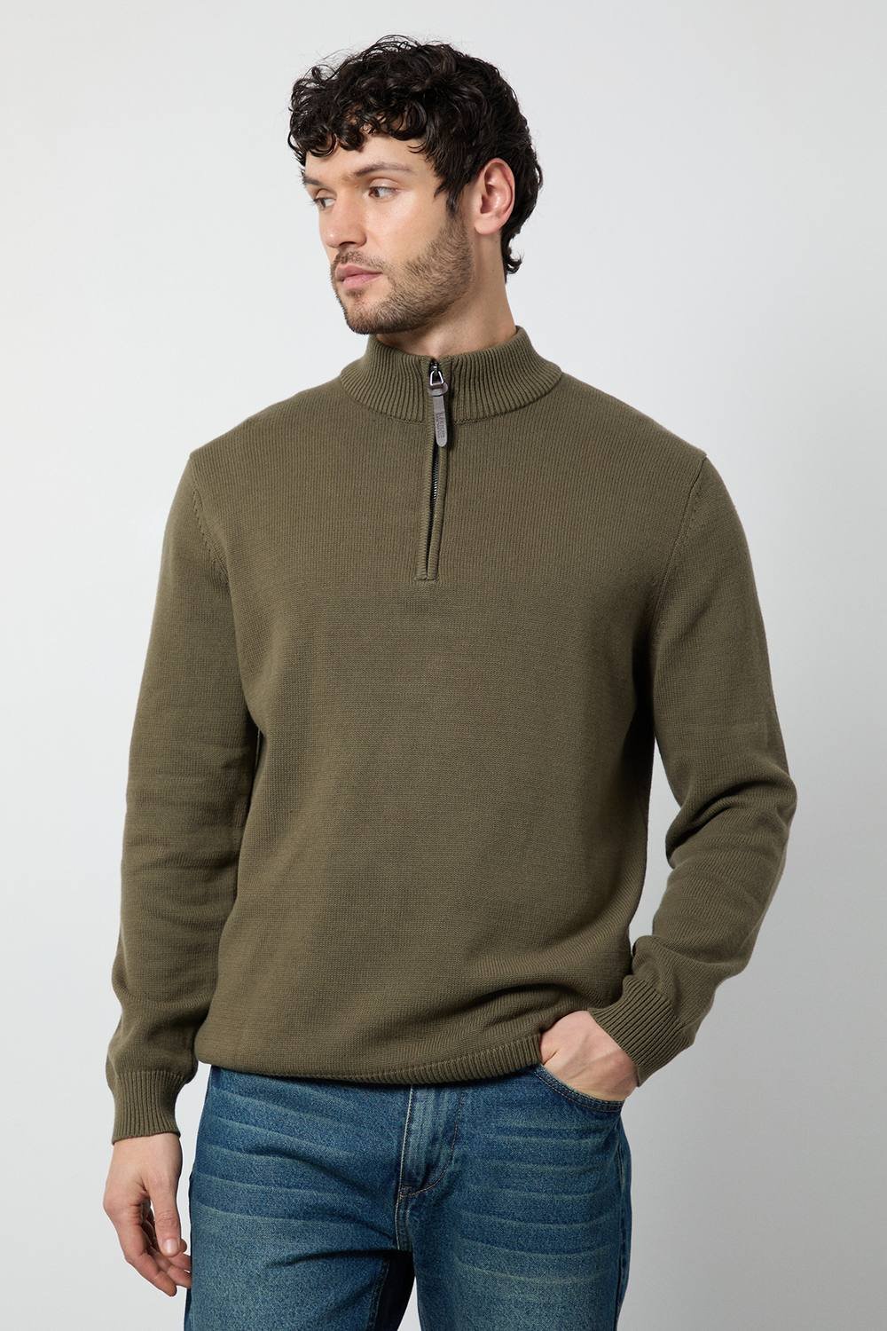 Maine Maine Men's Premium Pure Cotton Half Zip Funnel Jumper in Khaki - 2