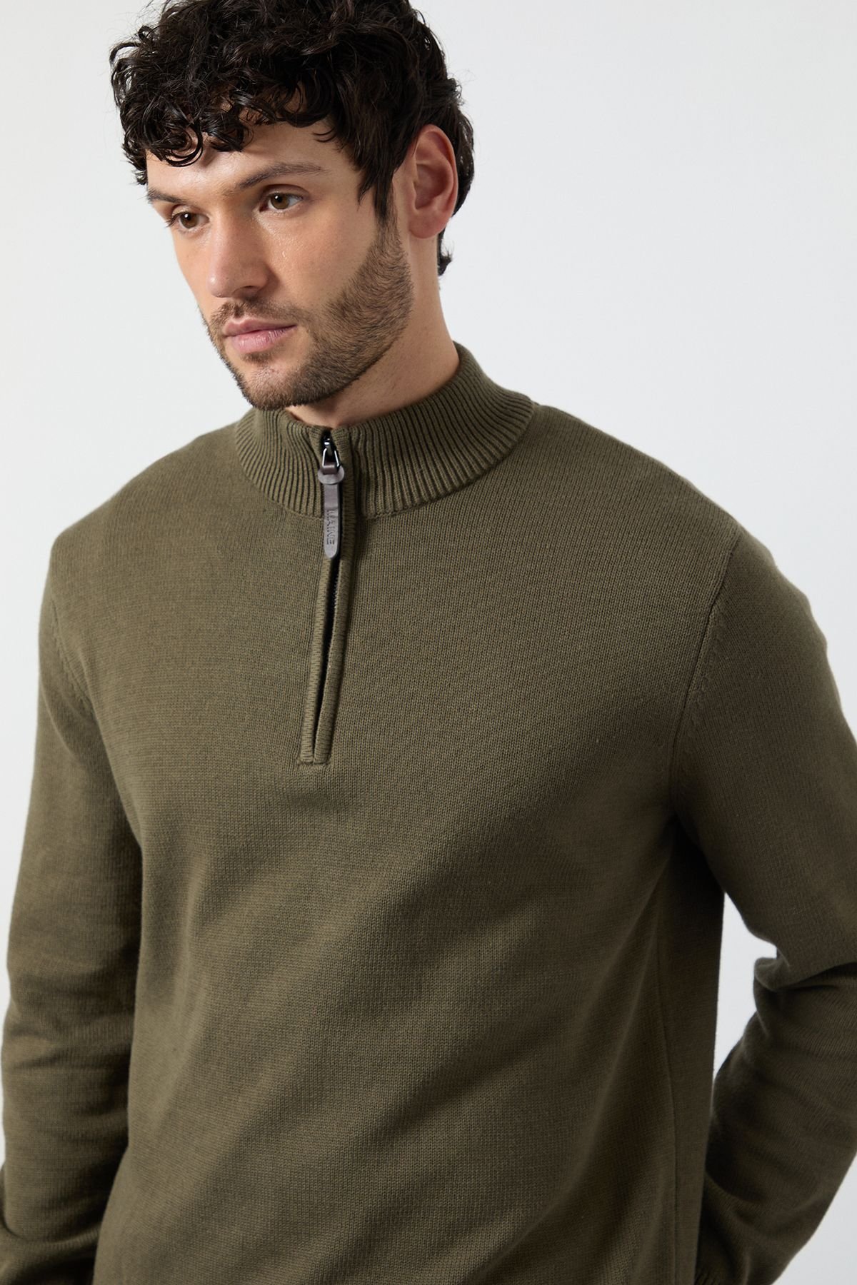 Maine Maine Men's Premium Pure Cotton Half Zip Funnel Jumper in Khaki - 4