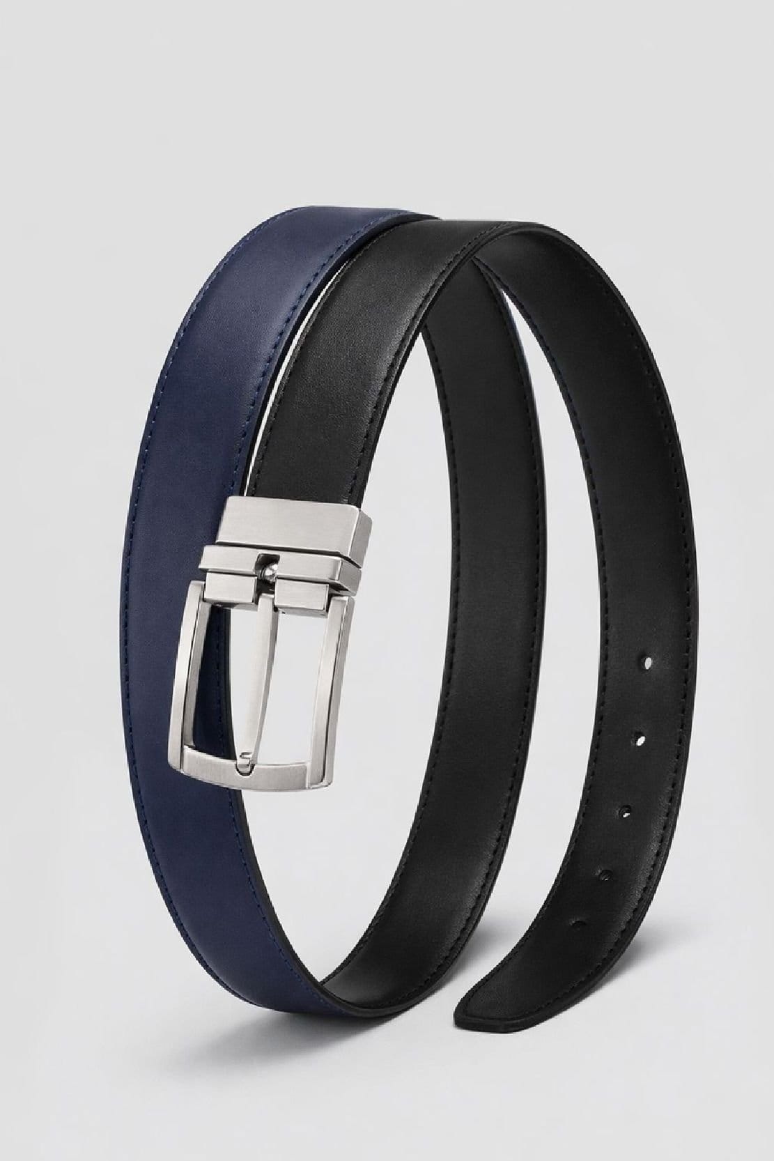 LARANGE LARANGE Men's Men's Reversible Black Leather Belt - Silver Buckle Formal Dress Belt - 1