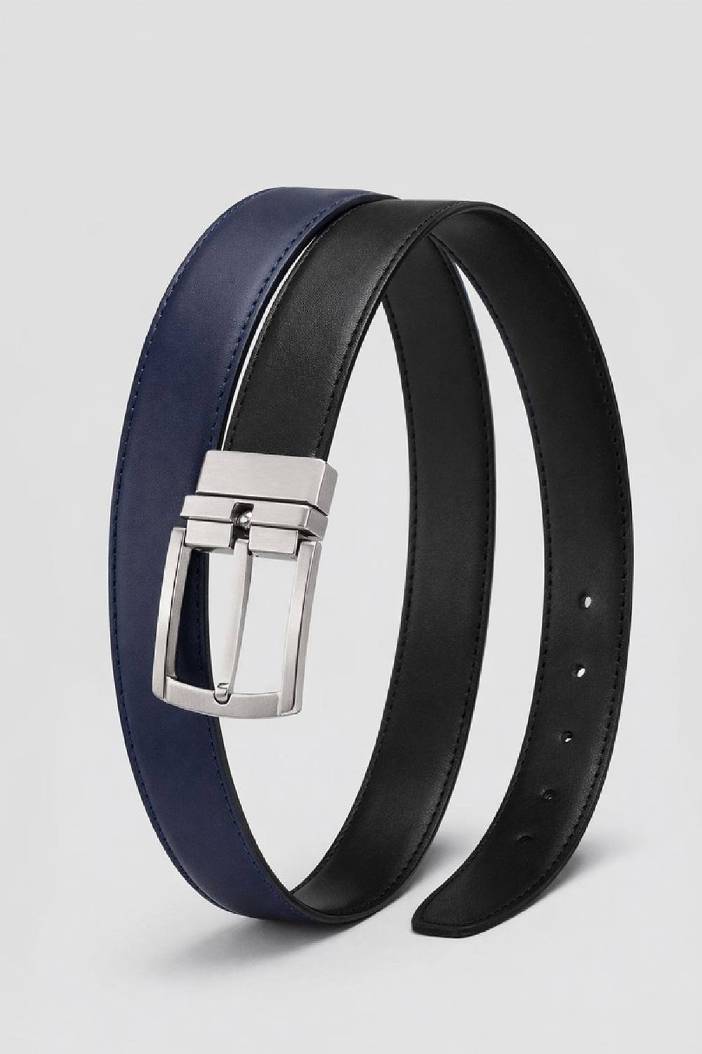 LARANGE LARANGE Men's Men's Reversible Black Leather Belt - Silver Buckle Formal Dress Belt - 2