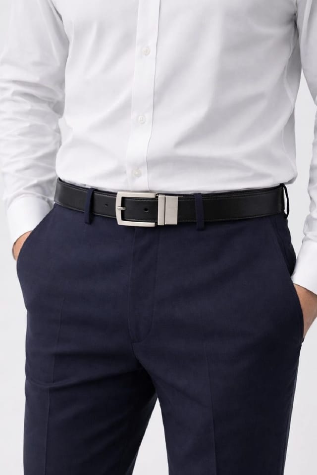 LARANGE LARANGE Men's Men's Reversible Black Leather Belt - Silver Buckle Formal Dress Belt - 2
