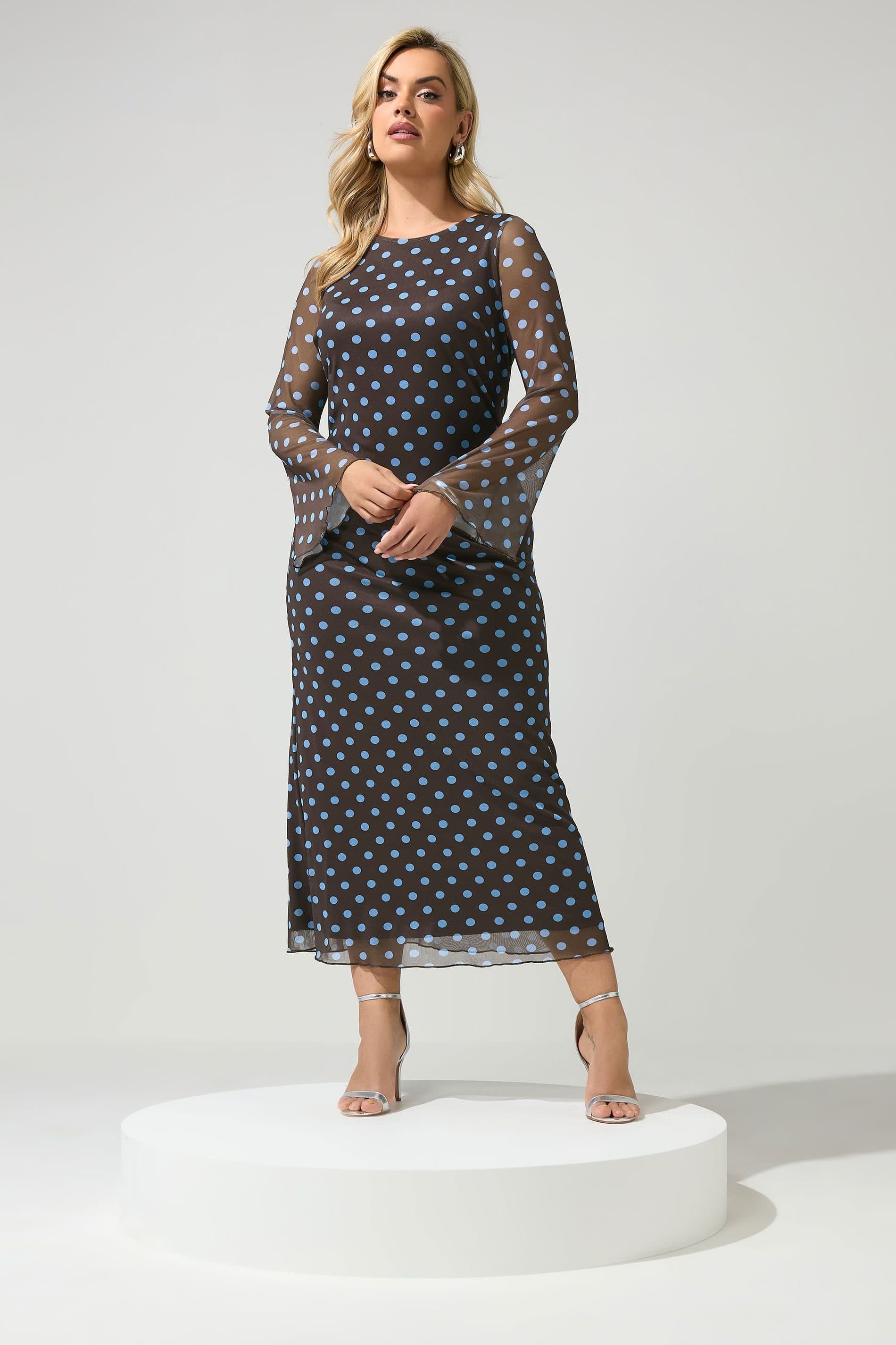 Yours Yours Women's Polka Dot Mesh Maxi Dress in Chocolate