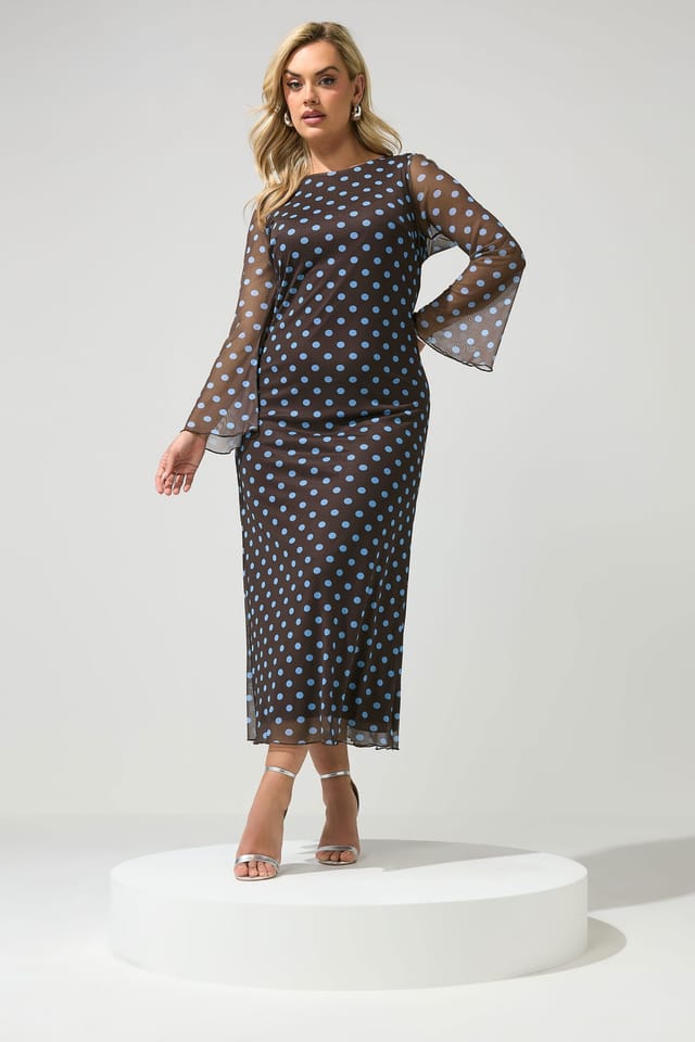 Yours Yours Women's Polka Dot Mesh Maxi Dress in Chocolate - 3