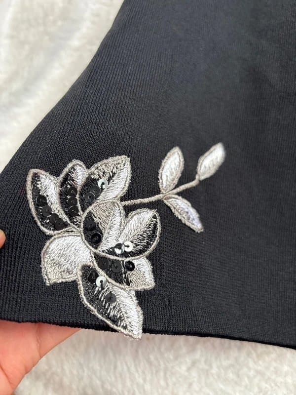Vintage Dressing Lovely black blouse with silver floral embroidery and sequin detailing 12 14